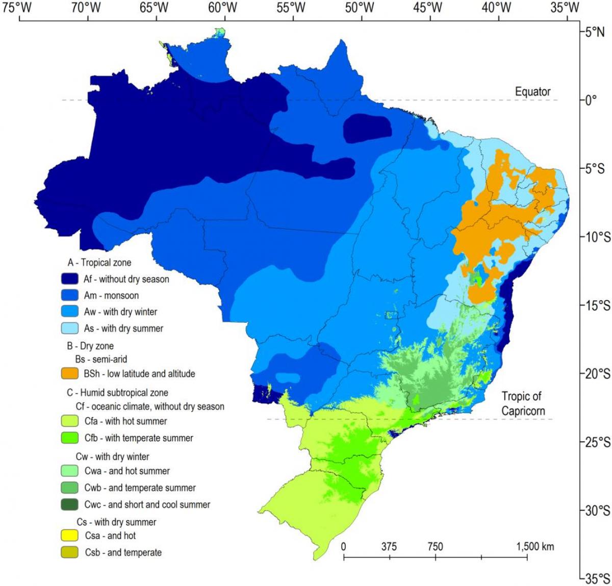 carte climatique au Brésil
